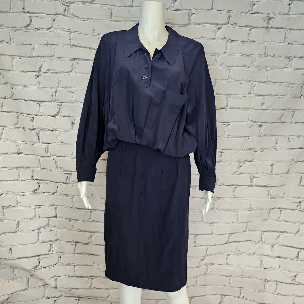 Vintage Karl Lagerfeld Navy Silk Shirt Dress